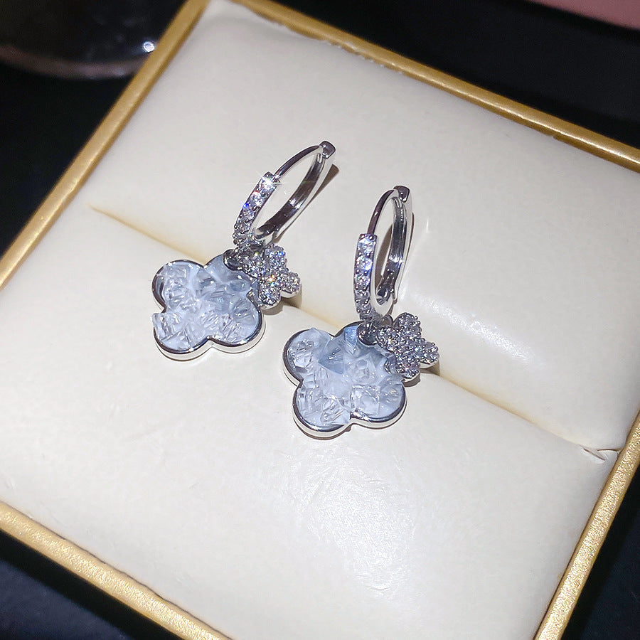 新款鋯石花朵水晶耳扣耳釘輕奢高級感百搭耳環夏日甜美耳飾女