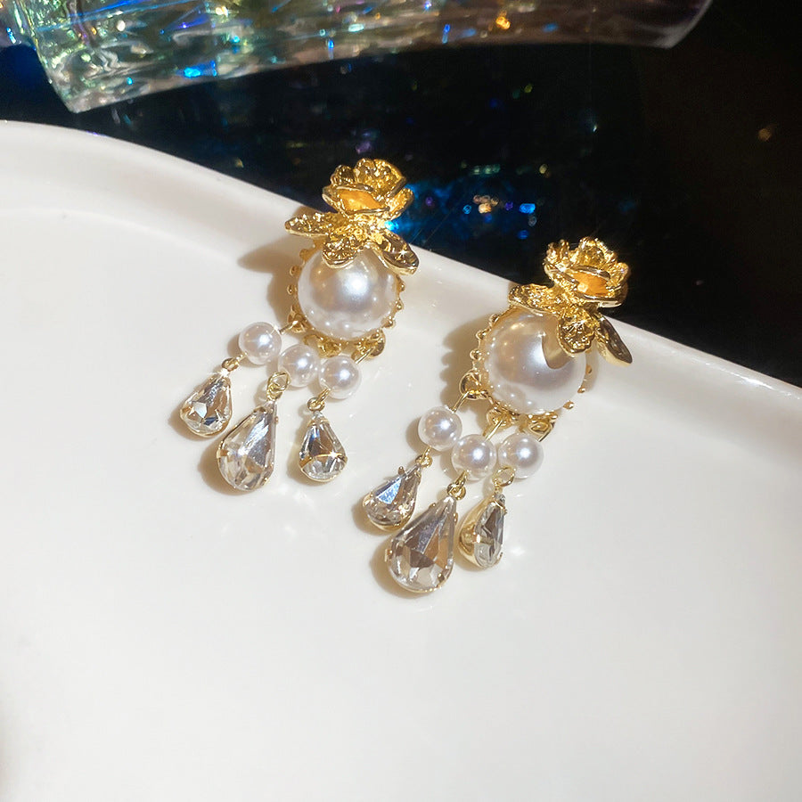 鑲鉆花朵多層珍珠項鏈耳釘法式復古宮廷風首飾套裝輕奢高級感飾品