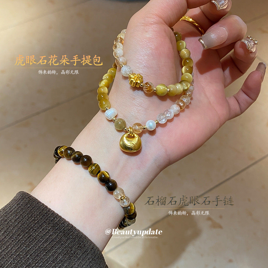 天然虎眼石珍珠串珠手鏈新中式小眾百搭手串高級感手環氣質手飾女
