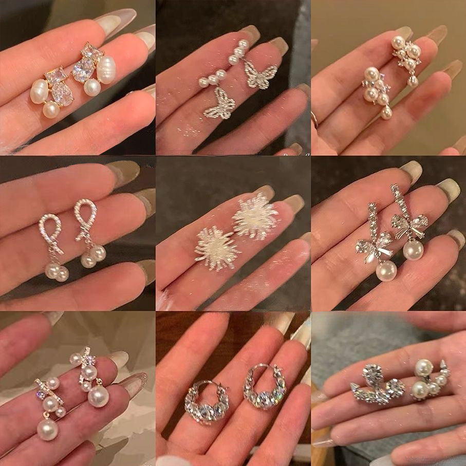 銀針鋯石花朵珍珠耳釘精致輕奢高級感耳環小眾時尚白百搭耳飾批發
