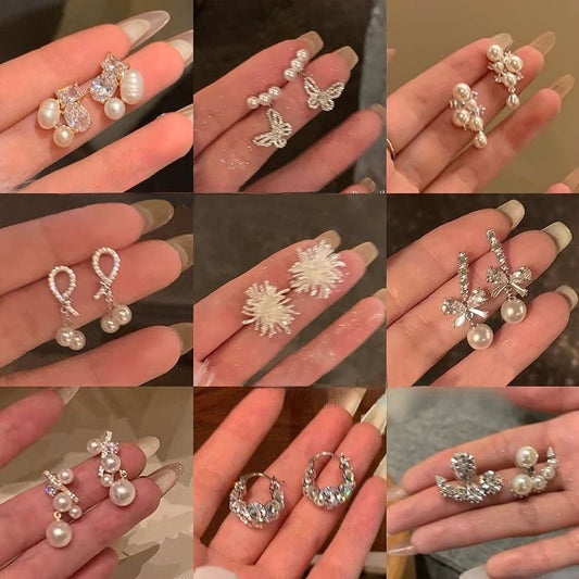 銀針鋯石花朵珍珠耳釘精致輕奢高級感耳環小眾時尚白百搭耳飾