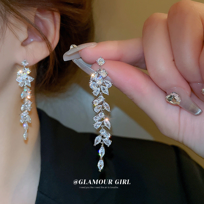 銀針鋯石樹葉長款流蘇耳環歐美小眾設計感耳墜個性重工輕奢耳飾女