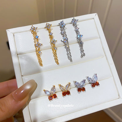 鋯石花朵流蘇耳釘套組－第二視角實拍｜https://igowo.tw/