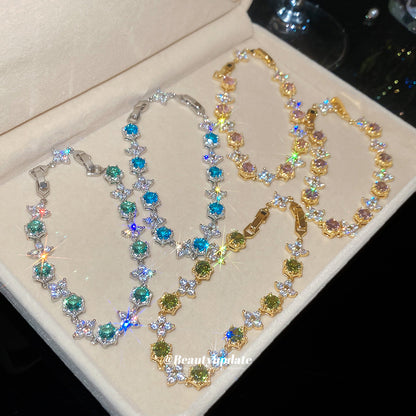 18k真金電鍍鋯石花朵圓形簡約手鏈女高級感時尚手環重工超閃手飾