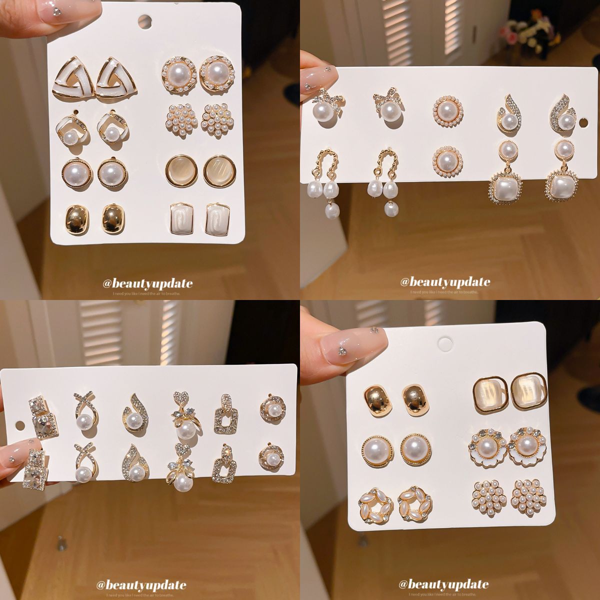 珍珠愛心鑲鑽耳環套組－商品主圖｜https://igowo.tw/