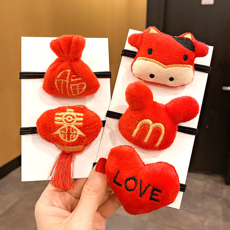 紅色絨面毛球復古髮圈－紅色布偶米奇款實拍｜https://igowo.tw/