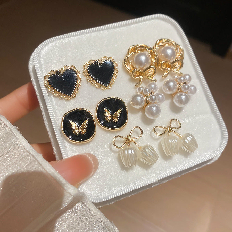 5對套裝~銀針滴油愛心花朵耳釘復古精致優雅氣質耳環輕奢高級耳飾