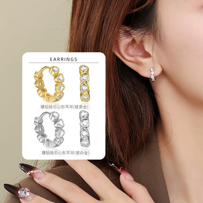 S925 微鑲鋯石不規則愛心耳環2025新款時尚輕奢高級女耳飾