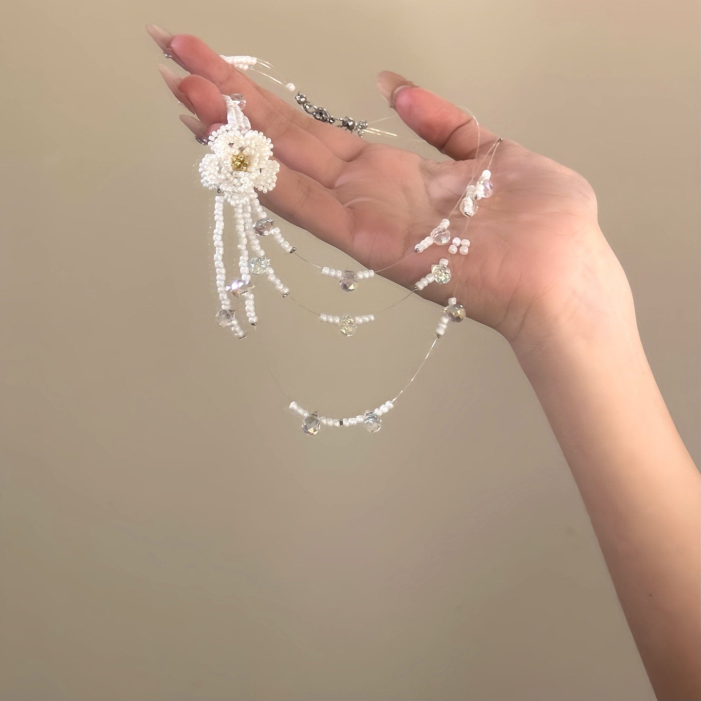 水晶串珠花朵多層項鍊
