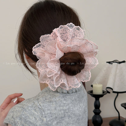 網紗大腸圈刺繡髮圈－白色款實拍｜https://igowo.tw/