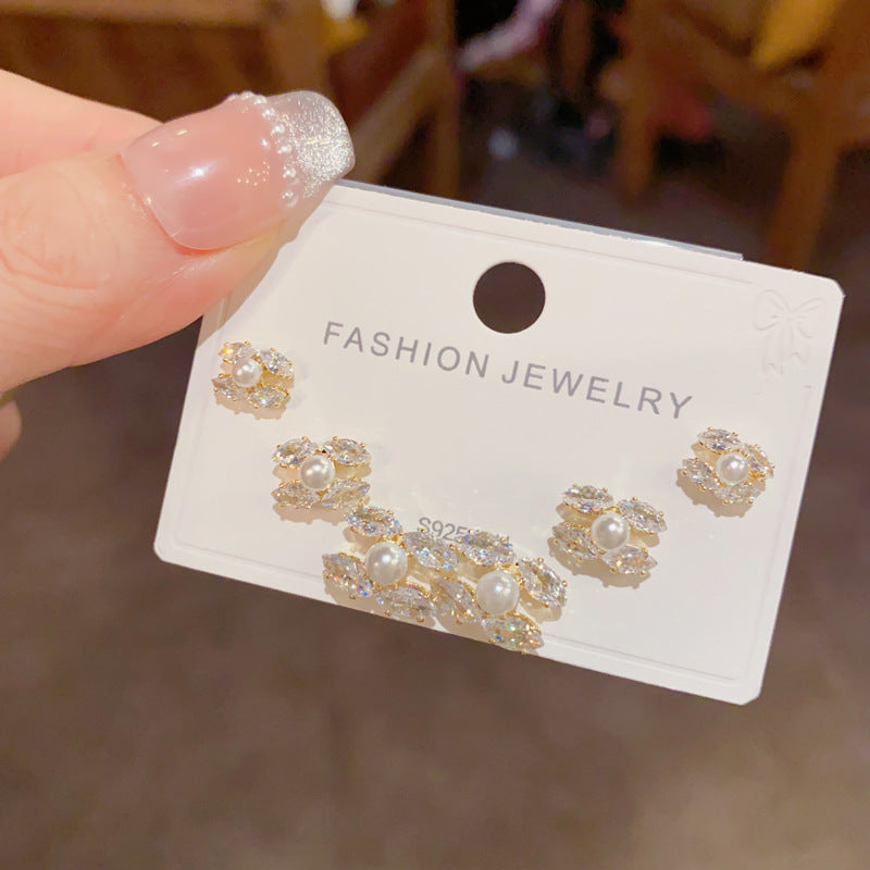 珍珠交叉耳釘三件組