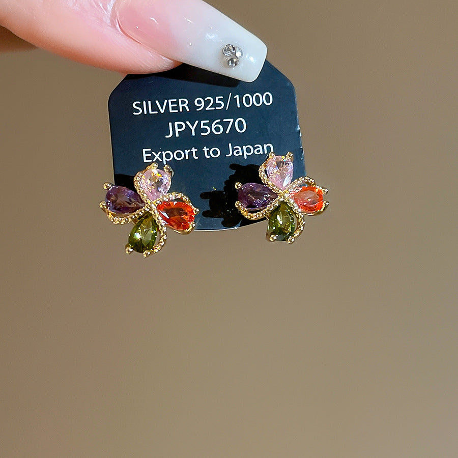18k真金電鍍銀針鋯石花朵耳釘多巴胺通勤百搭耳環時尚通勤耳飾女