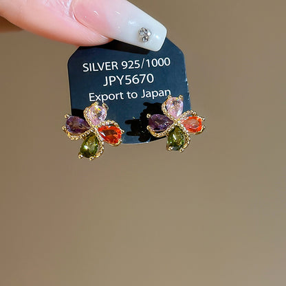 18k真金電鍍銀針鋯石花朵耳釘多巴胺通勤百搭耳環時尚通勤耳飾女