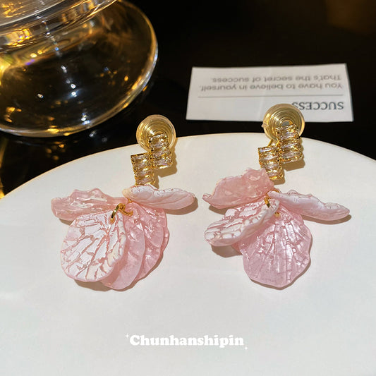 粉色貝殼花瓣流蘇耳夾無耳洞耳飾輕奢小眾春夏甜美耳釘時尚耳環女 粉色花瓣耳夾（送硅膠墊）