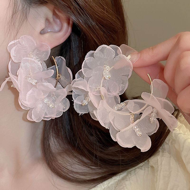 銀針彩色人造水晶款花朵流蘇耳環甜美清新耳鉤耳墜韓系高級感耳飾