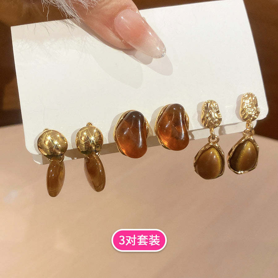 銀針樹脂圓形水滴耳釘套裝美拉德復古氣質小眾耳環輕奢高級感耳飾