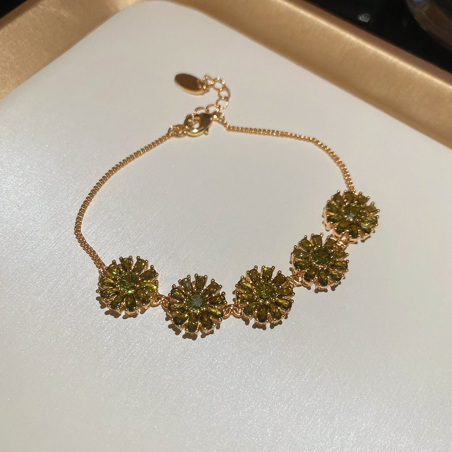 18k真金電鍍超閃鋯石圓形花朵吊墜手鏈優雅手環輕奢高級感手飾女