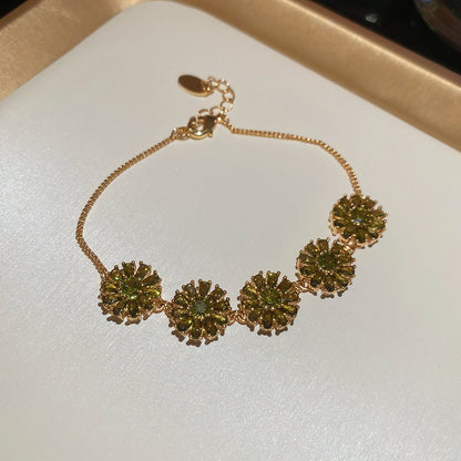 18k真金電鍍超閃鋯石圓形花朵吊墜手鏈優雅手環輕奢高級感手飾女