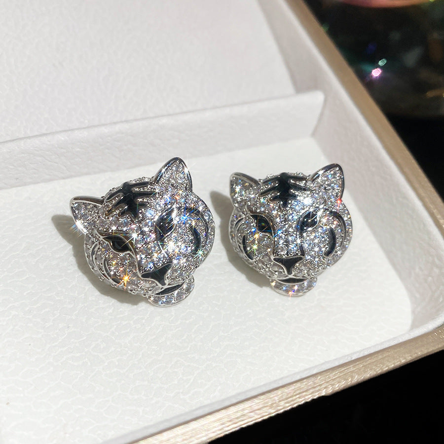 中古vintage銀針鑲鉆豹子耳釘奢華重工復古耳環輕奢高級感耳飾女