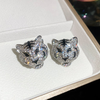 中古vintage銀針鑲鉆豹子耳釘奢華重工復古耳環輕奢高級感耳飾女