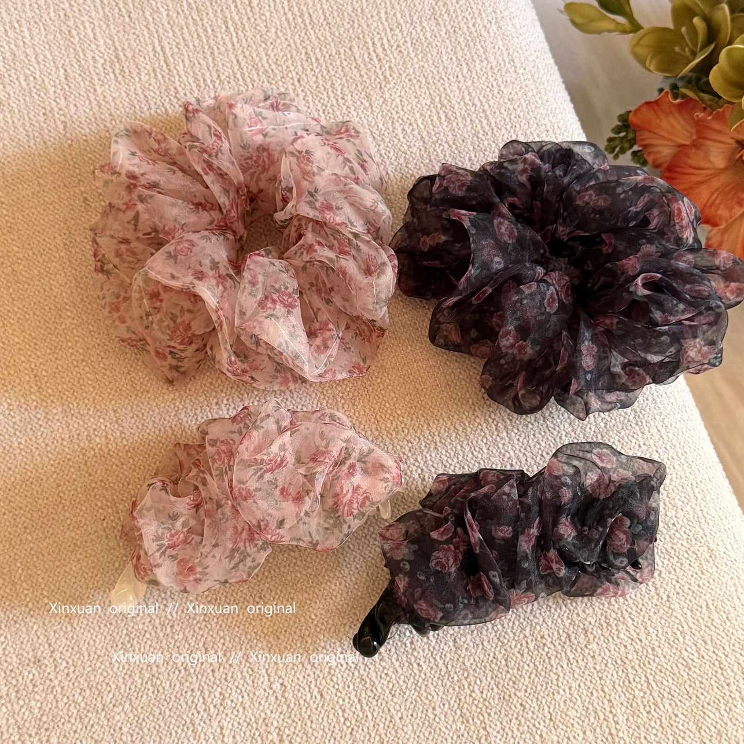 網紗碎花復古髮圈－粉色碎花腸圈款實拍｜https://igowo.tw/