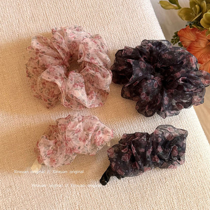 網紗碎花復古髮圈－粉色碎花腸圈款實拍｜https://igowo.tw/