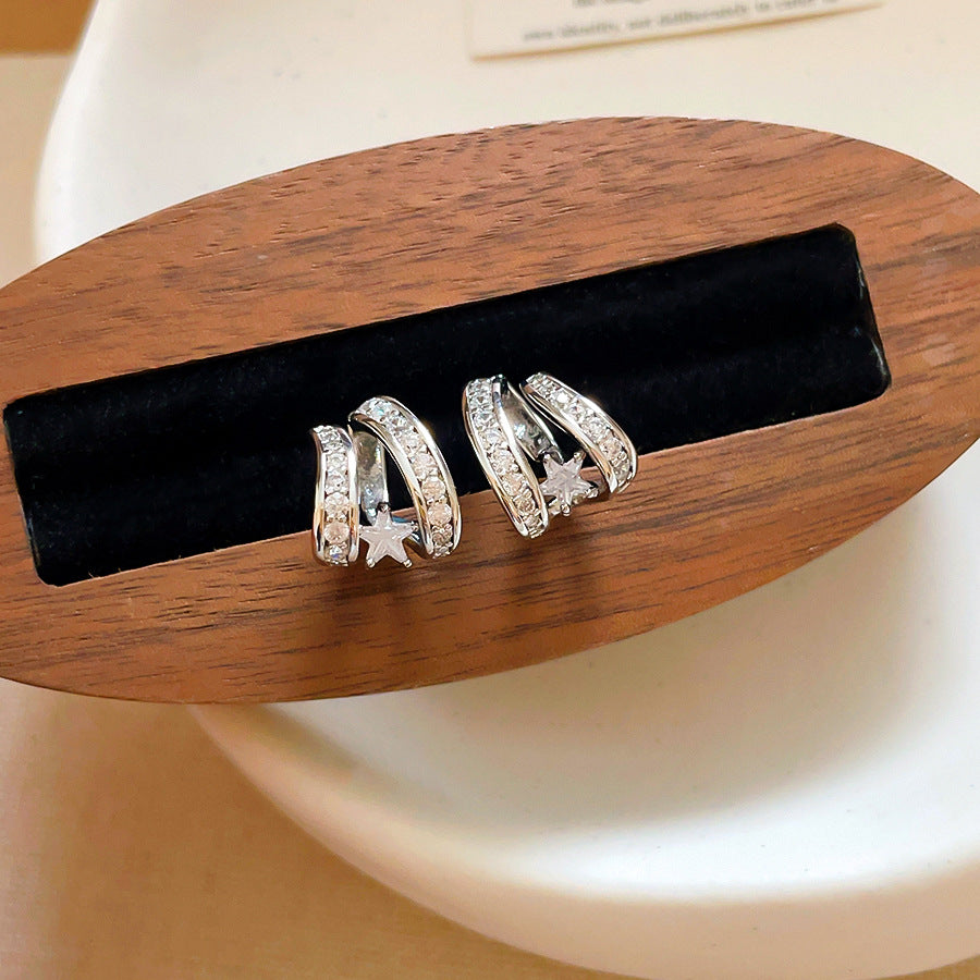 鋯石銀針星星雙層耳釘