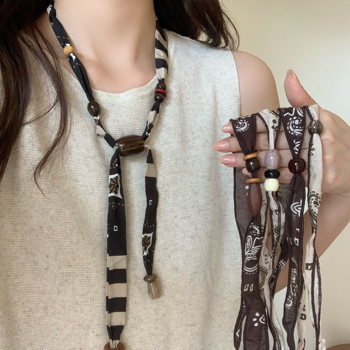 美拉德復古亞克力布藝抽拉式絲巾項鏈小眾高級感毛衣鏈秋冬項飾女