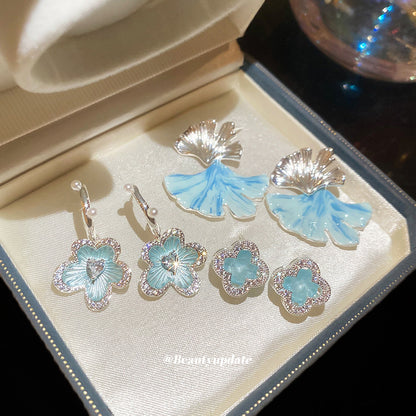 銀針鋯石滴油花朵珍珠耳釘韓系甜美優雅氣質耳環輕奢高級感耳飾女