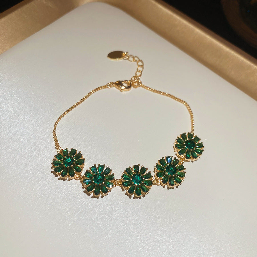 18k真金電鍍超閃鋯石圓形花朵吊墜手鏈優雅手環輕奢高級感手飾女