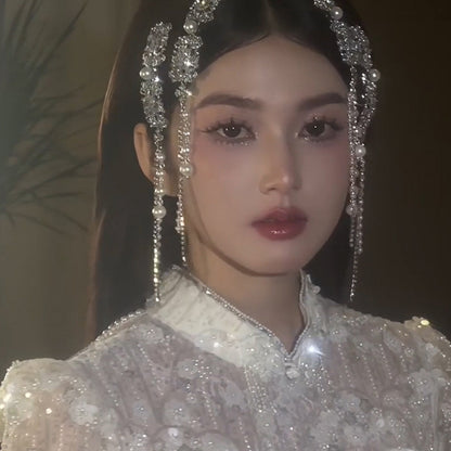 鑲鉆方形流蘇珍珠發夾高級感精致百搭一字夾側邊夾宮廷風小眾發飾