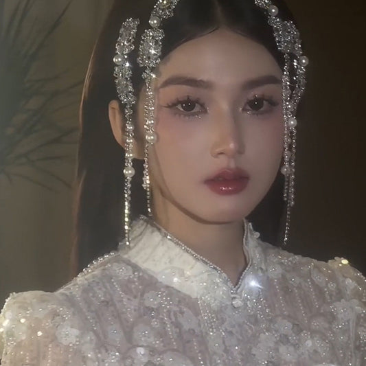 鑲鉆方形流蘇珍珠發夾高級感精致百搭一字夾側邊夾宮廷風小眾發飾