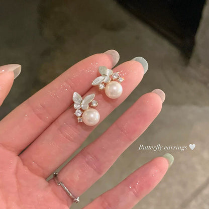 早春滴油閃鋯蝴蝶珍珠耳環
