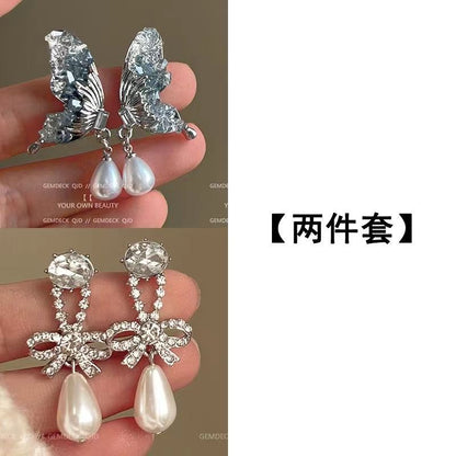 珍珠銀針蝴蝶耳釘