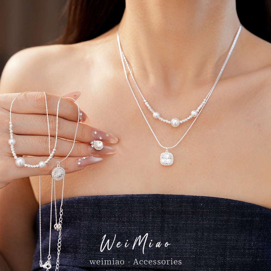 珍珠星星方形簡約項鍊－商品主圖｜https://igowo.tw/