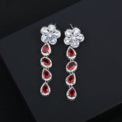 S925彩色鋯石花朵鑲鑽耳環－紅色款實拍｜https://igowo.tw/