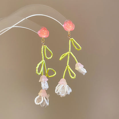 水晶串珠花朵流蘇耳釘－35#銀針-金色款細節17｜https://igowo.tw/