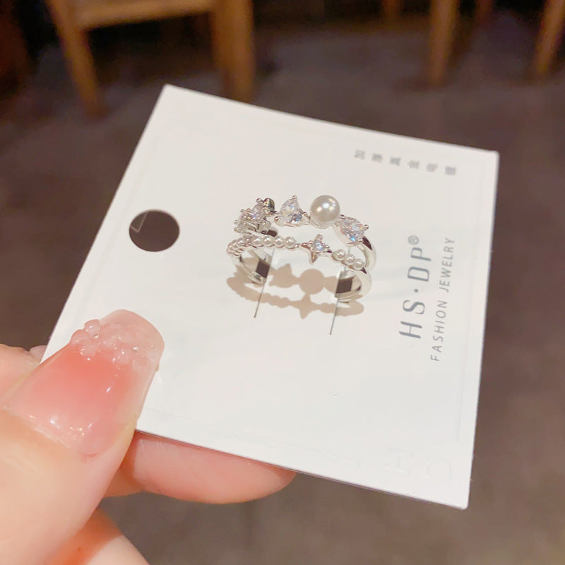 珍珠雙層鑲鑽戒指－第二視角實拍｜https://igowo.tw/
