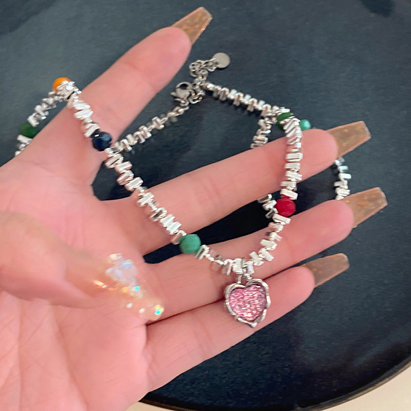 彩色水晶珍珠愛心項鍊－5#項鍊-金色珍珠愛心款實拍｜https://igowo.tw/