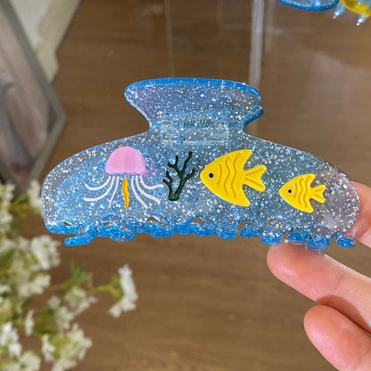 醋酸板材貝殼鯊魚夾－藍色半圓星星貝殼款細節｜https://igowo.tw/