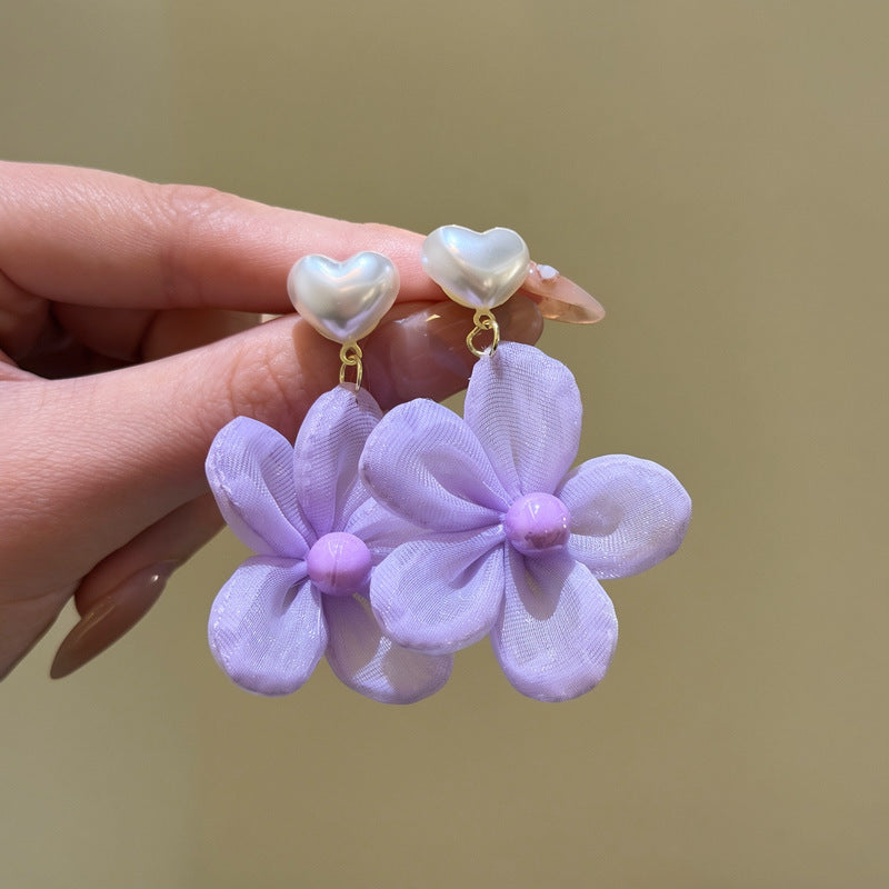 紫色珍珠愛心花朵耳釘