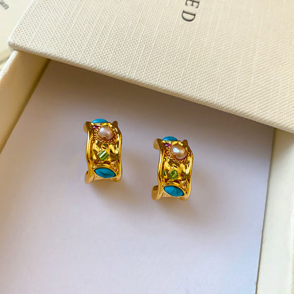 金色珍珠鋯石復古耳釘