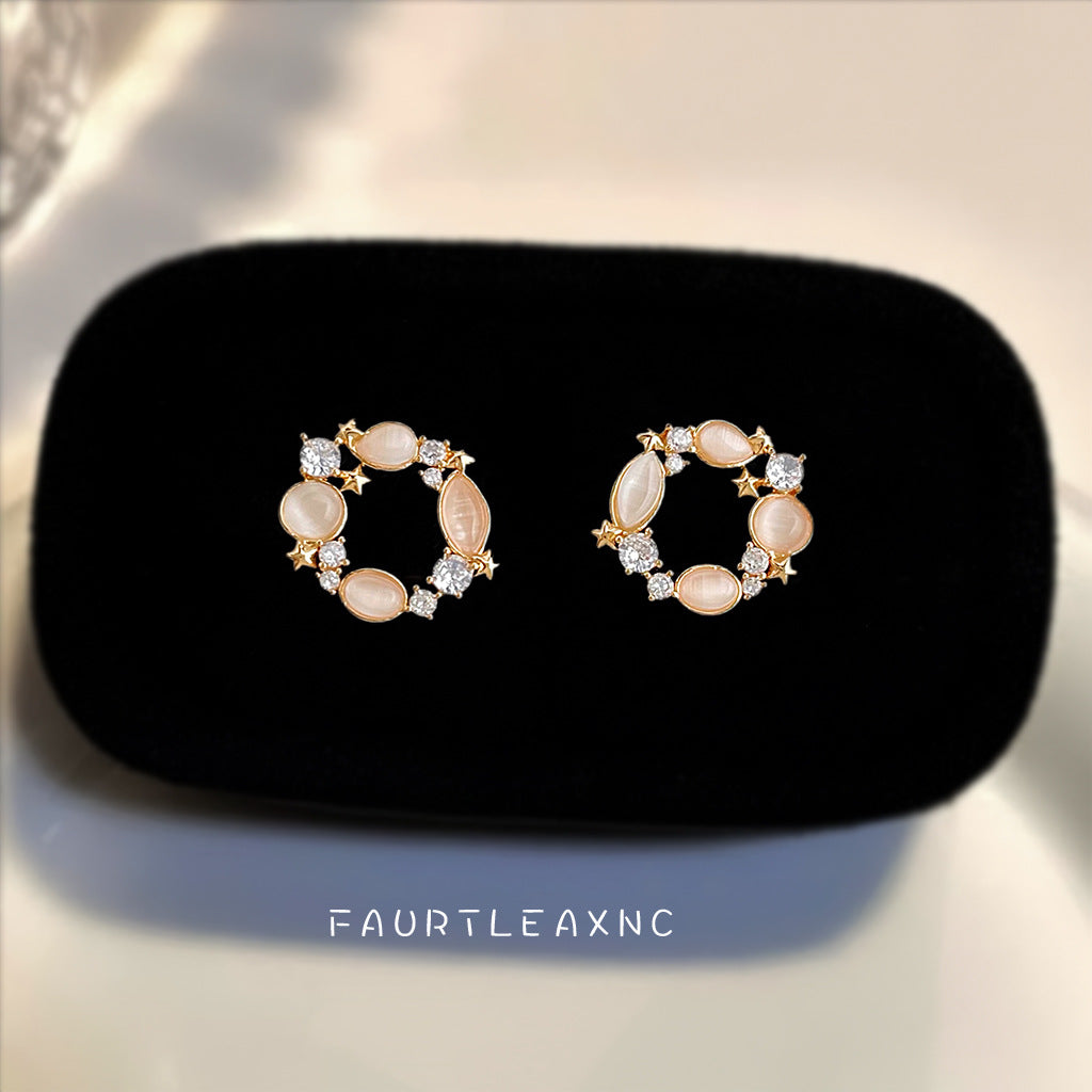 貓眼石圓形微鑲耳釘