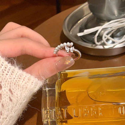 珍珠鋯石蝴蝶多層戒指