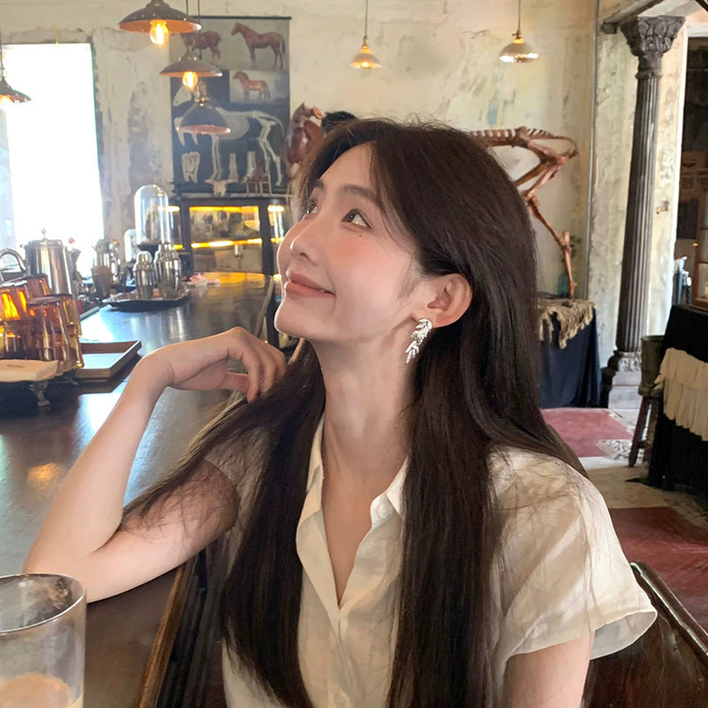 銀色麥穗鑲鋯石長款精致優雅925銀針耳環新款耳夾無洞高級感小眾 長款鋯石樹葉耳針