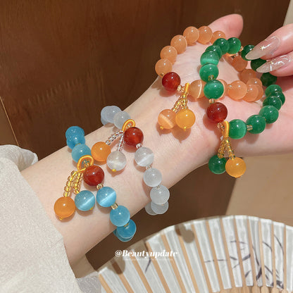 中國風貓眼石串珠手鏈輕奢小眾高級感手串復古手環個性手飾設計感