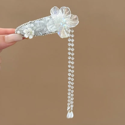 落花心事~鑲鉆花朵流蘇珍珠發夾夢幻絕美氣質鴨嘴夾輕奢小眾發飾