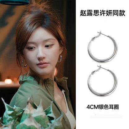 S925純銀韓版小眾設計感大圈趙露思同款耳環韓國風時尚耳飾品
