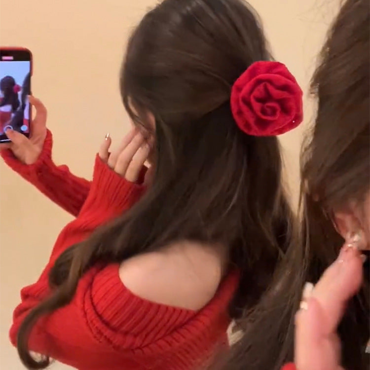 紅色玫瑰立體髮圈－粉色款細節｜https://igowo.tw/