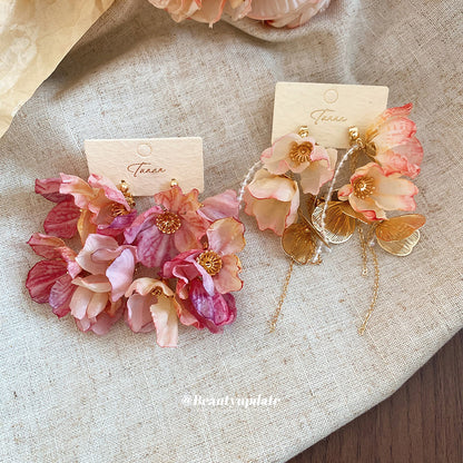 露染胭脂~銀針布藝花朵流蘇耳釘海島度假風耳環超仙絕美漂亮耳飾